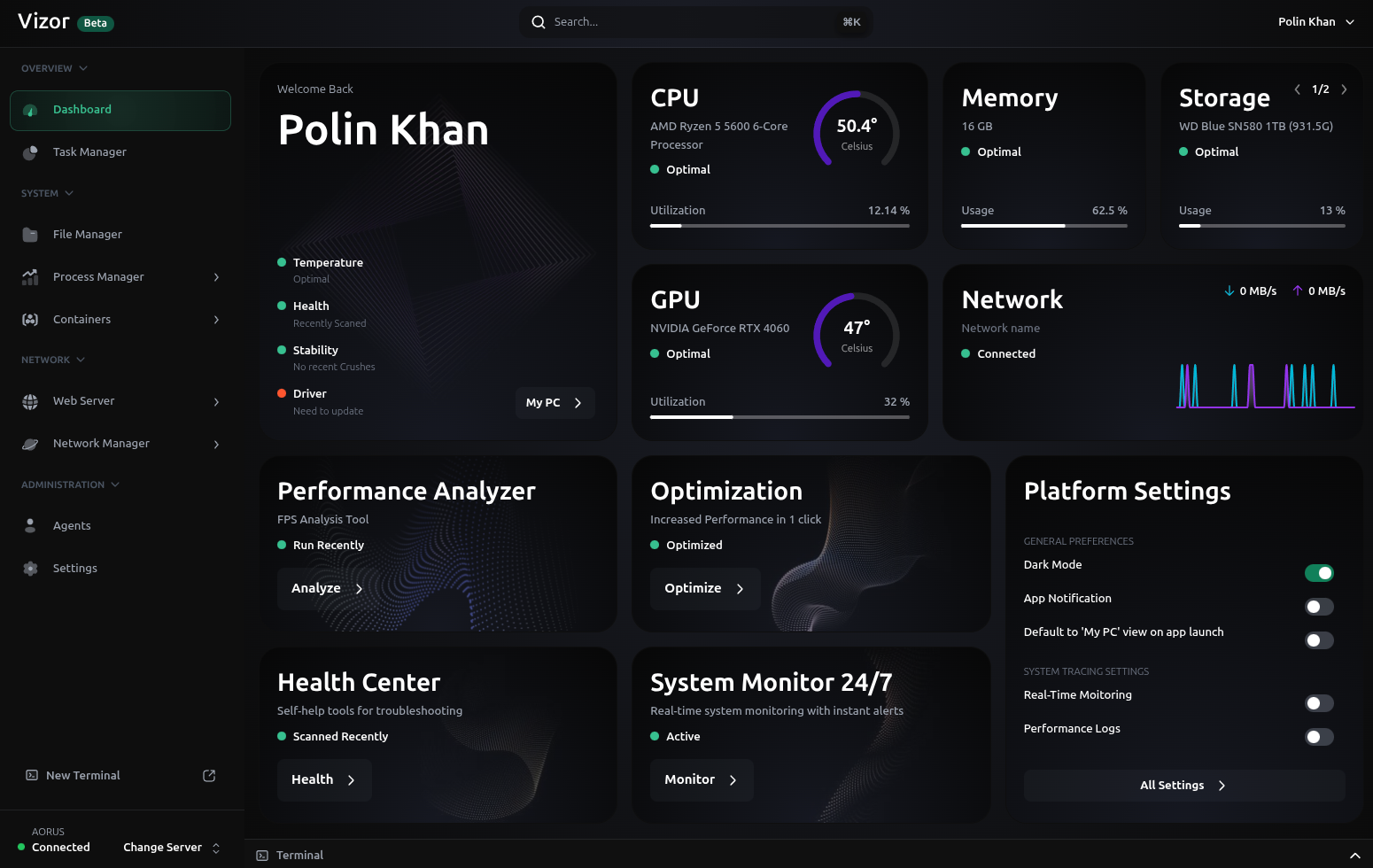 Vizor Dashboard screen