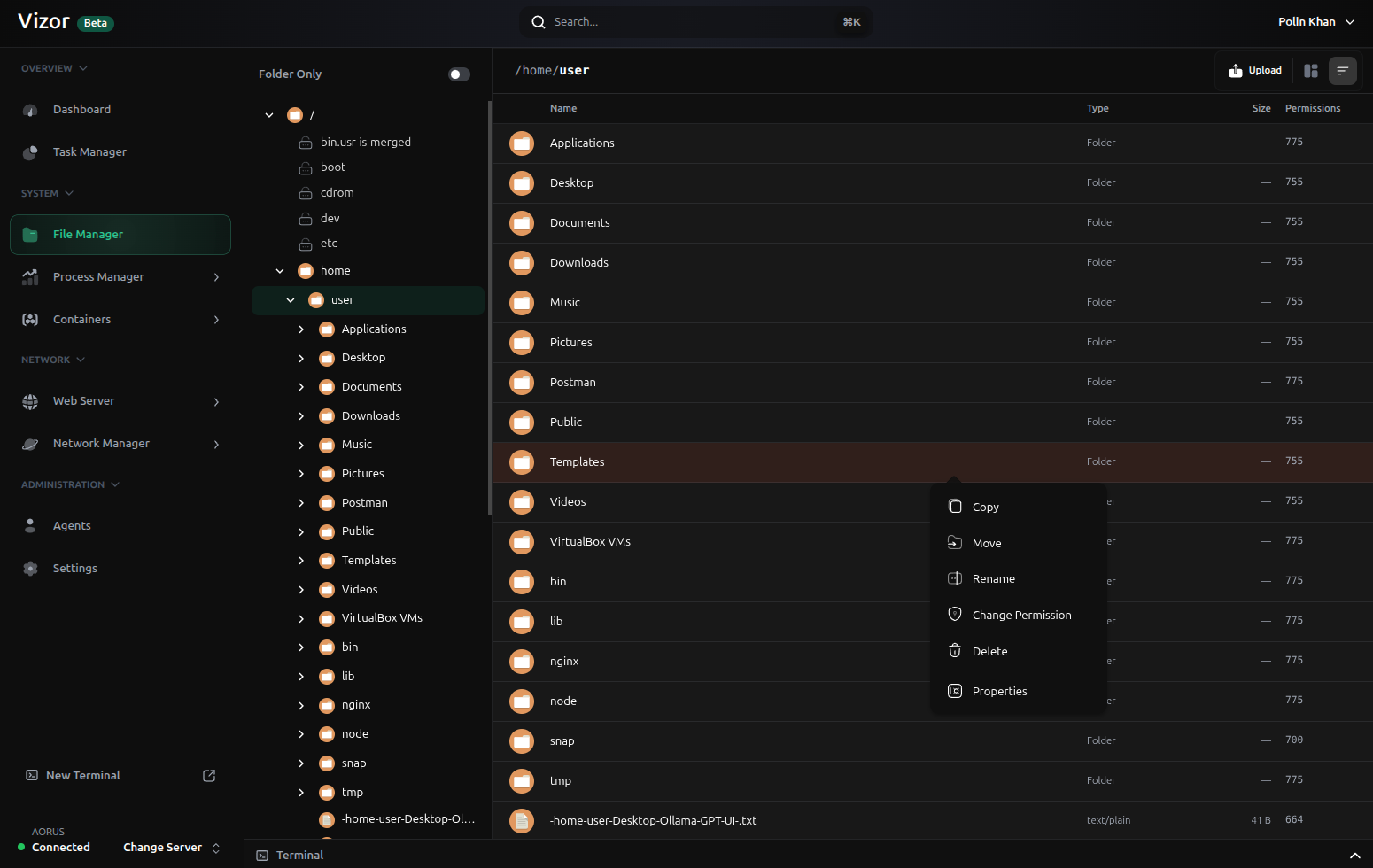 Vizor File manager screen