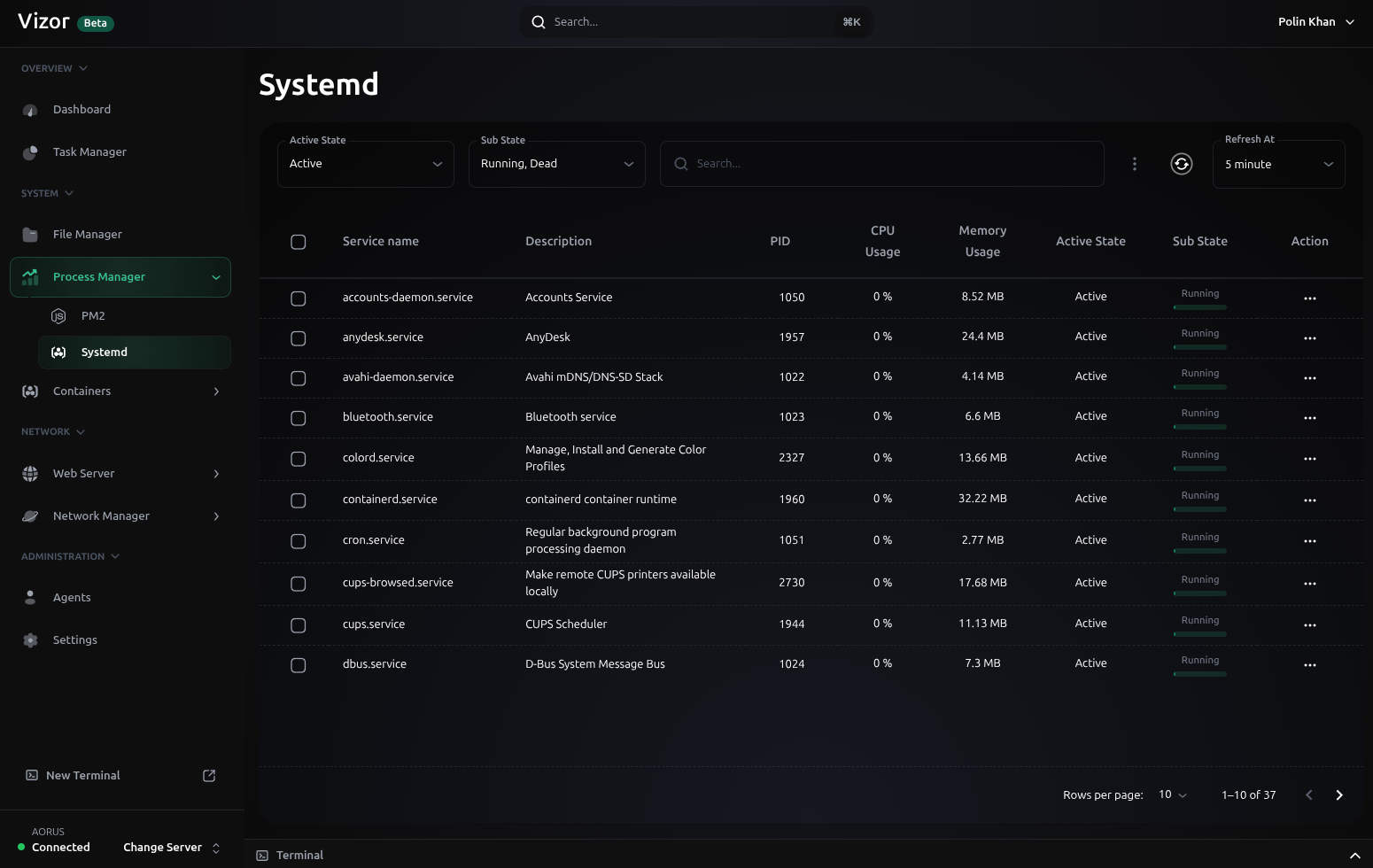Vizor Systemd screen