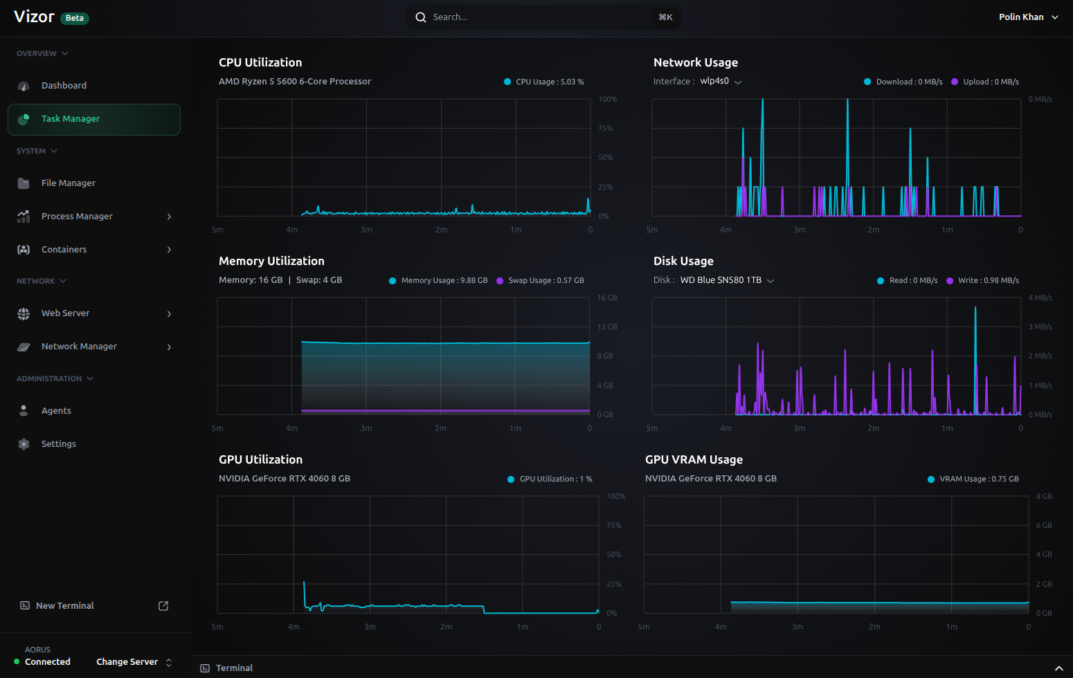 Vizor Task manager screen